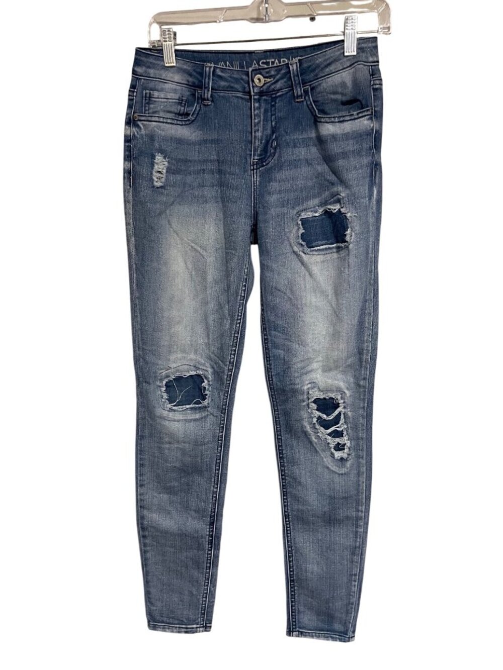 Vanilla Star Mid Rise Skinny Jeans Womens Size 5 JR/26 Distressed Patches Grunge